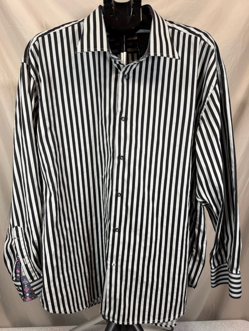 Robert Graham Flip Cuff Striped Dress Shirt Black White- Size 3XL
